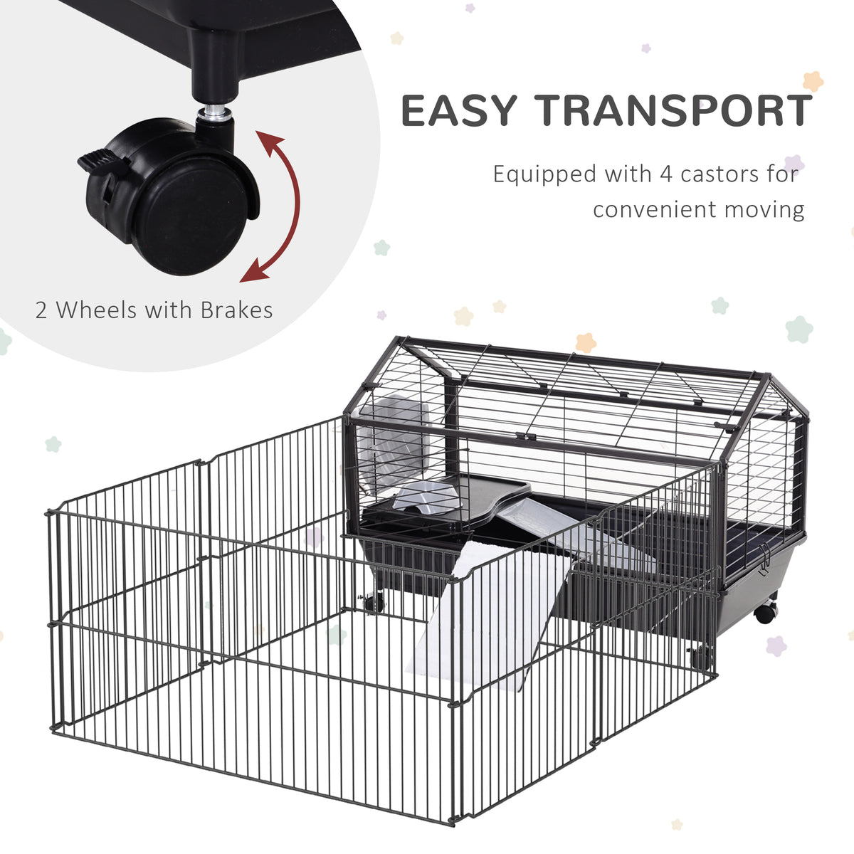 Rolling Metal Small Animal Cage with Main House and Run - Black & Beige, 930x240x515 mm