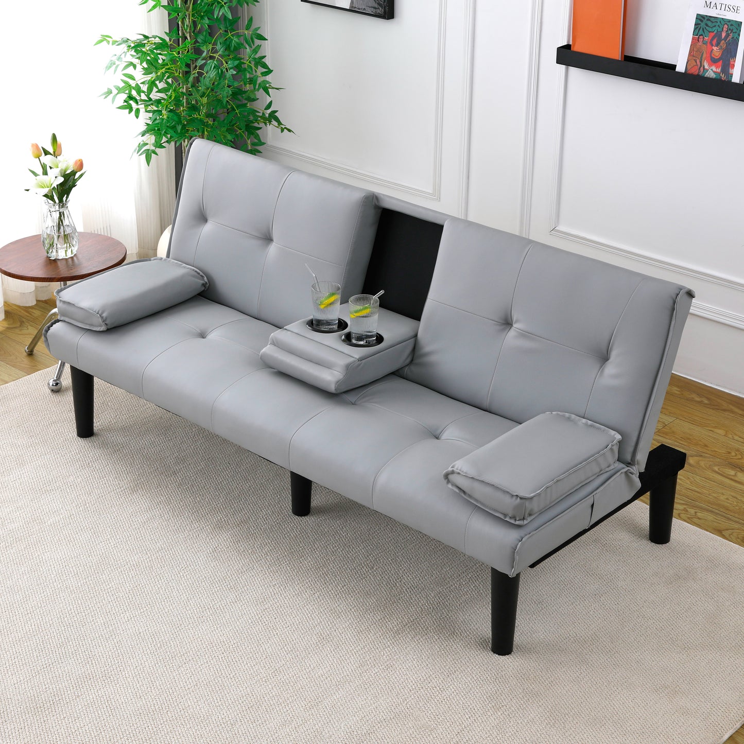 67-Inch Light Gray PVC Sofa Bed with Foldable Design & Cup Holder