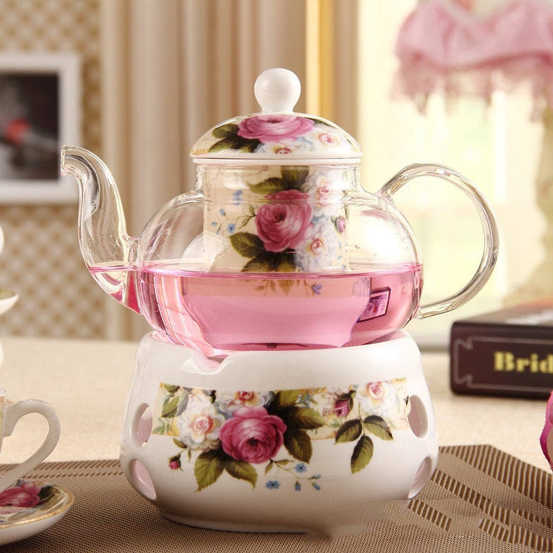 European Glass Fruit Tea Teapot with Candle Heating - Bone China, Heat-Resistant