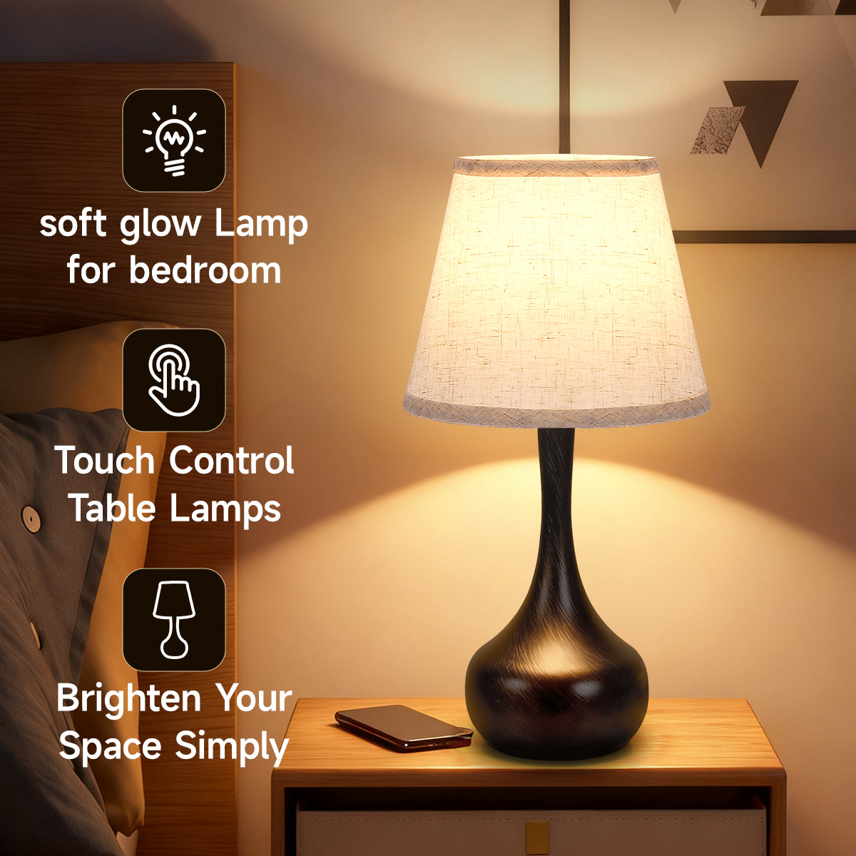 Touch Dimmable Bedside Lamps Set of 2 - LED Bulbs Included