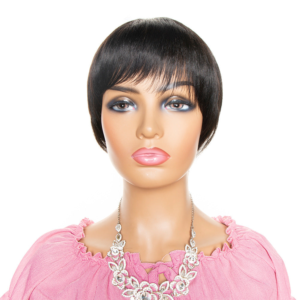Short Pixie Cut Human Hair Wig with Bangs - Black