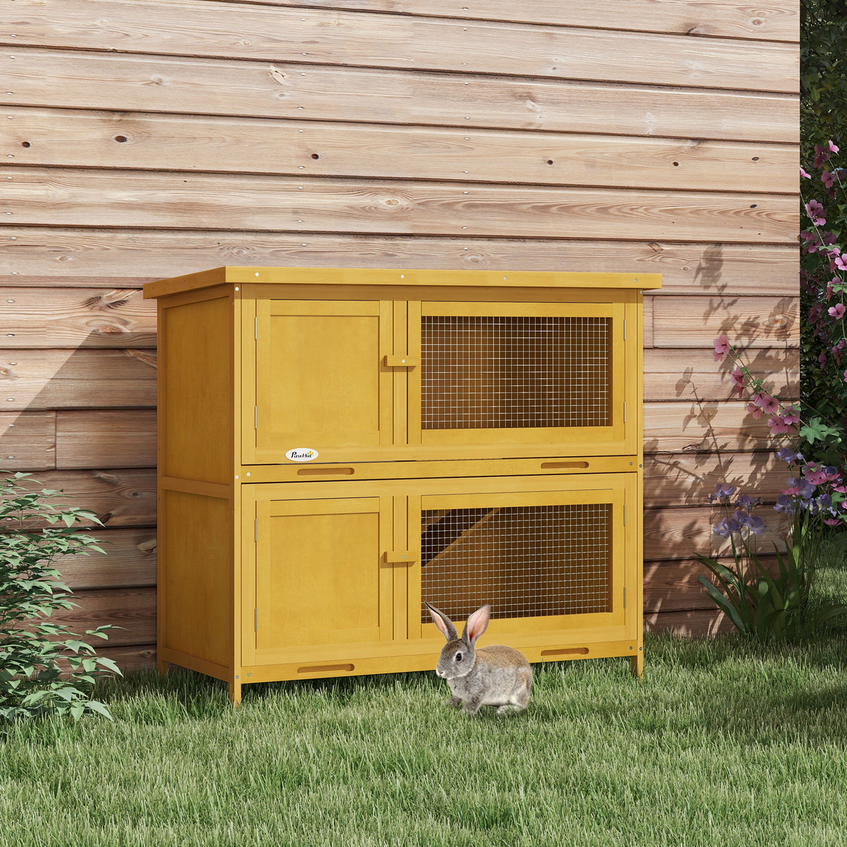 Wooden Bunny Hutch with Ramp - Indoor & Outdoor Pet House, Yellow, 1050x520x265mm