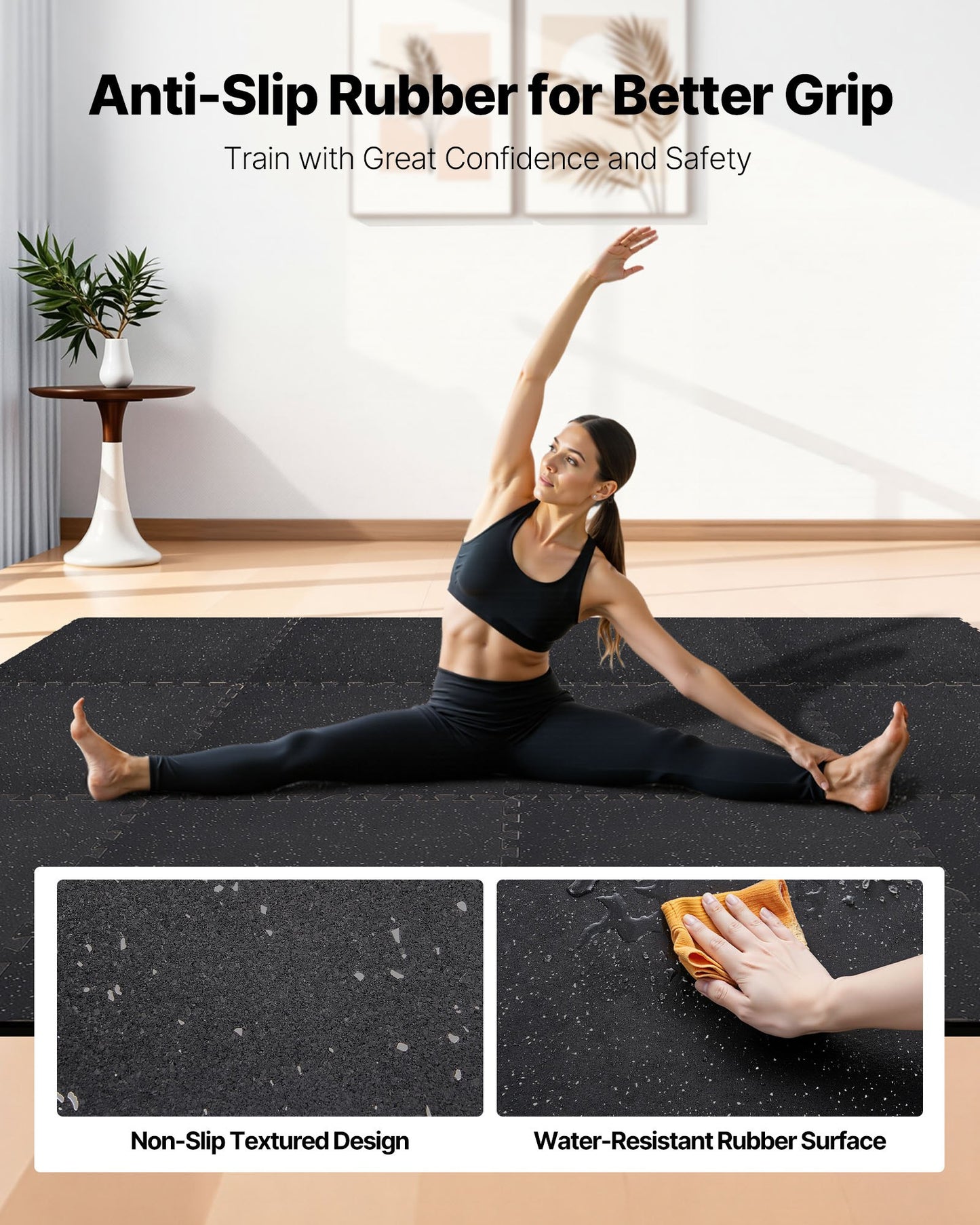 Interlocking Exercise Mat Set - 12 pcs High-Density EVA Foam Gym Floor Tiles, 24x24x0.56 in, Gray Dots, Black