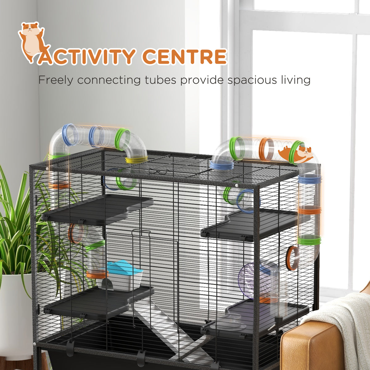 Small Animal Cage for Hamsters and Gerbils with Tubing, Wheel & Ramps