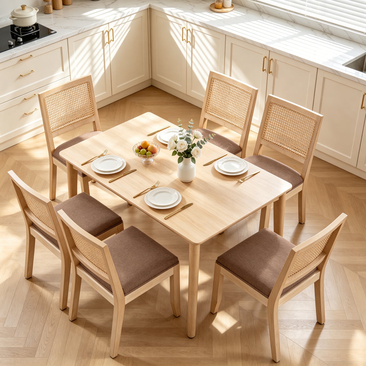 Rattan Dining Chairs Set of 2 - Mid Century Modern Tan