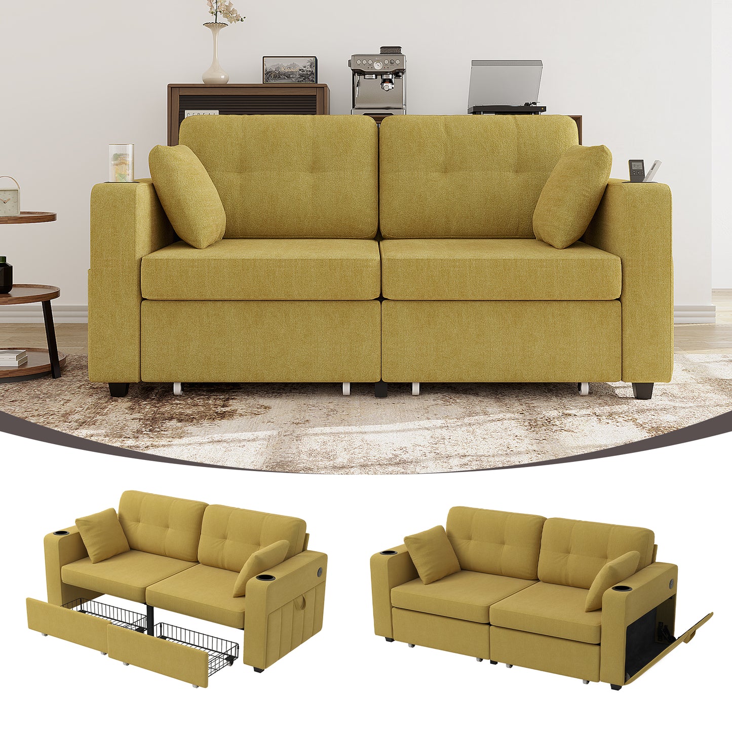 Modern 3-Seat Sofa with USB Charging & Storage - Mustard Yellow