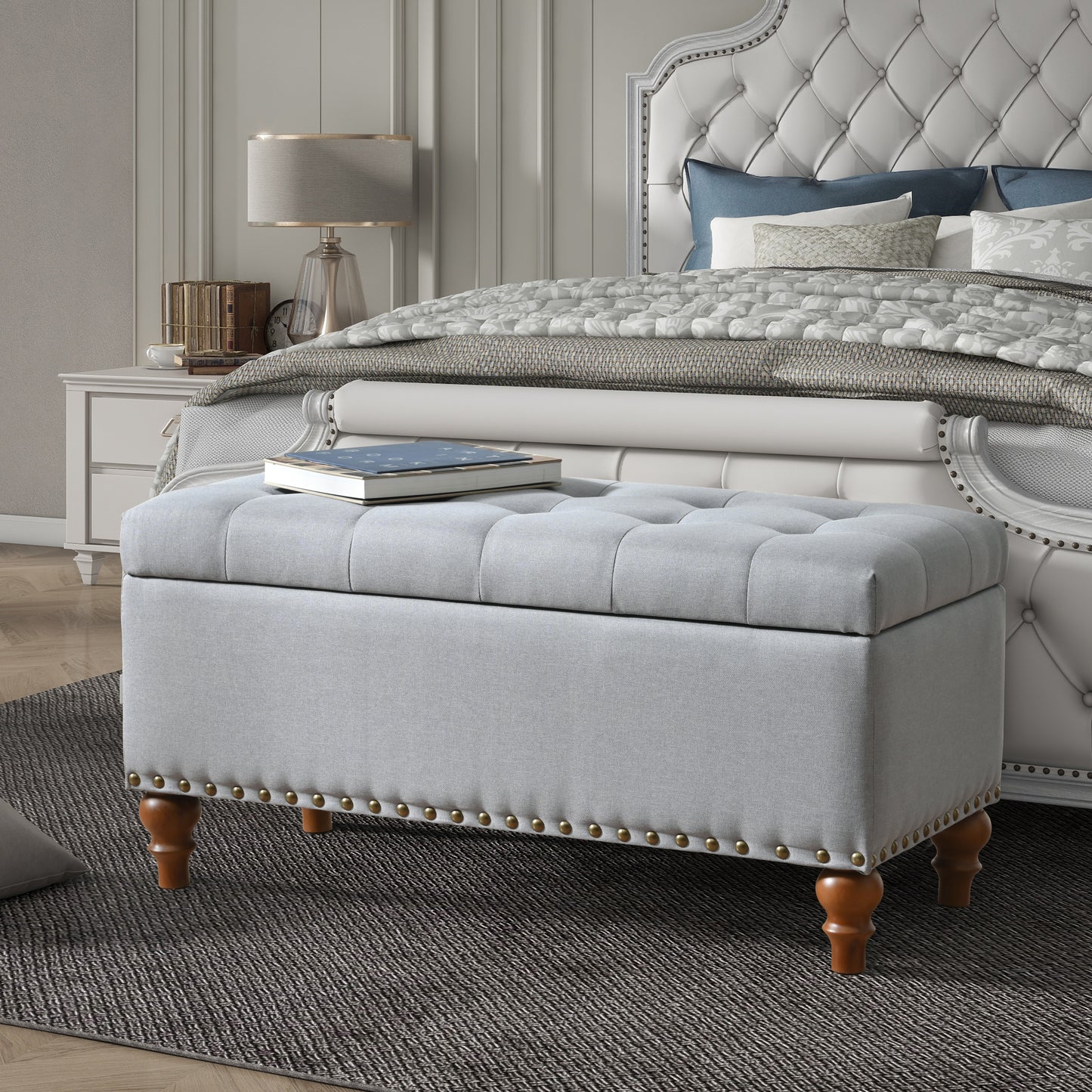 Ottoman Storage Bench, Recessed Support Hinge Top Easy To Open, Rivet