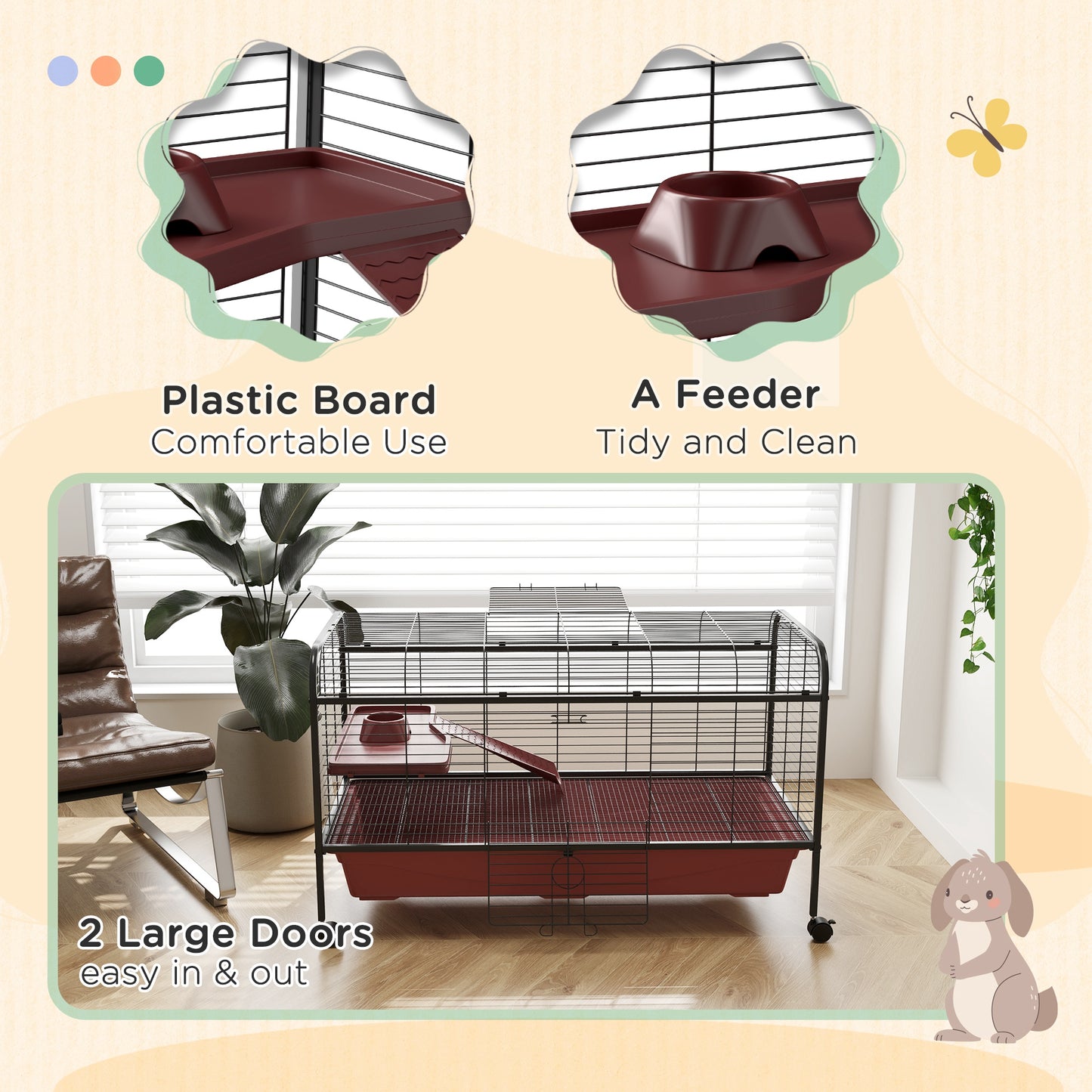 48-Inch Small Animal Cage with Wheels, Platform, Ramp & Feeder for Rabbits & Ferrets