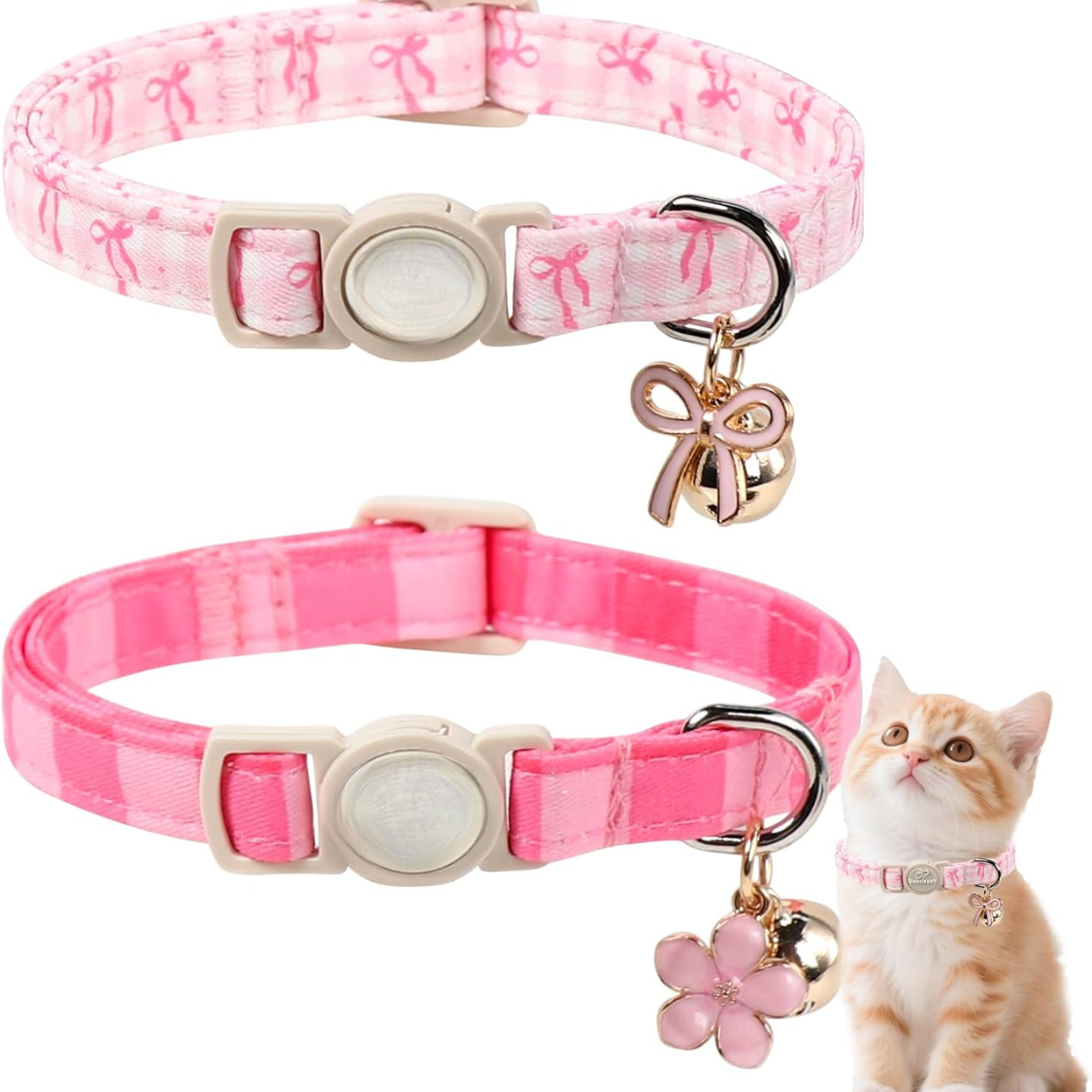 Pink Cat Collar with Bell & Bow - Adjustable Breakaway Safety Collar for Kittens & Small Cats