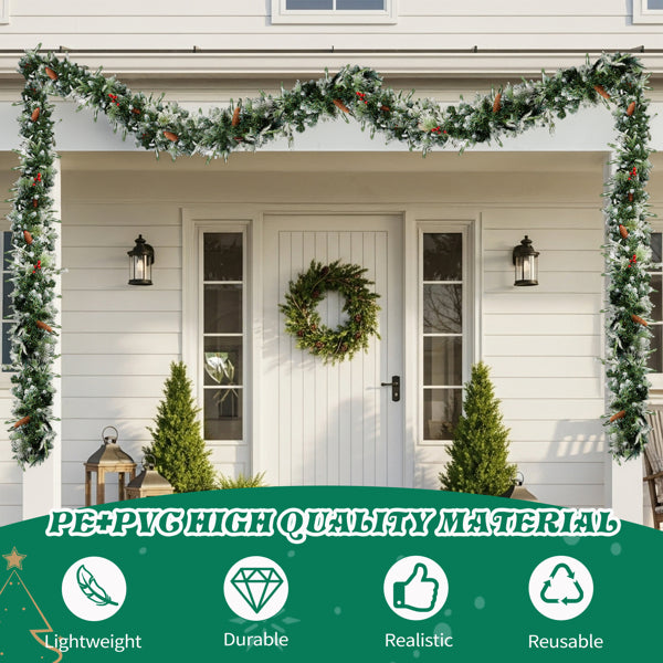 9FT Pre-Lit Snow Flocked Christmas Garland - 2 Pack with Warm White Lights & Red Berries