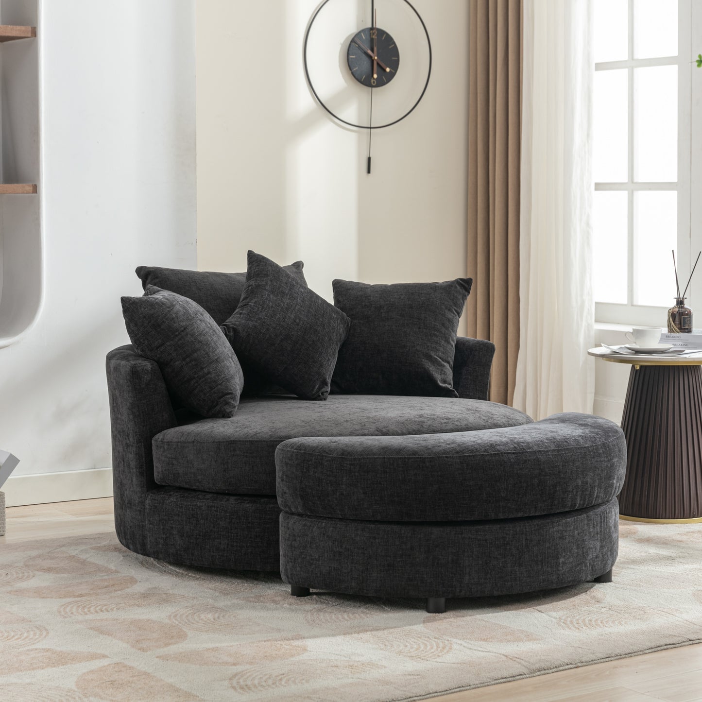 360° Swivel Accent Barrel Chair with Storage Ottoman & 4 Pillows - Gray