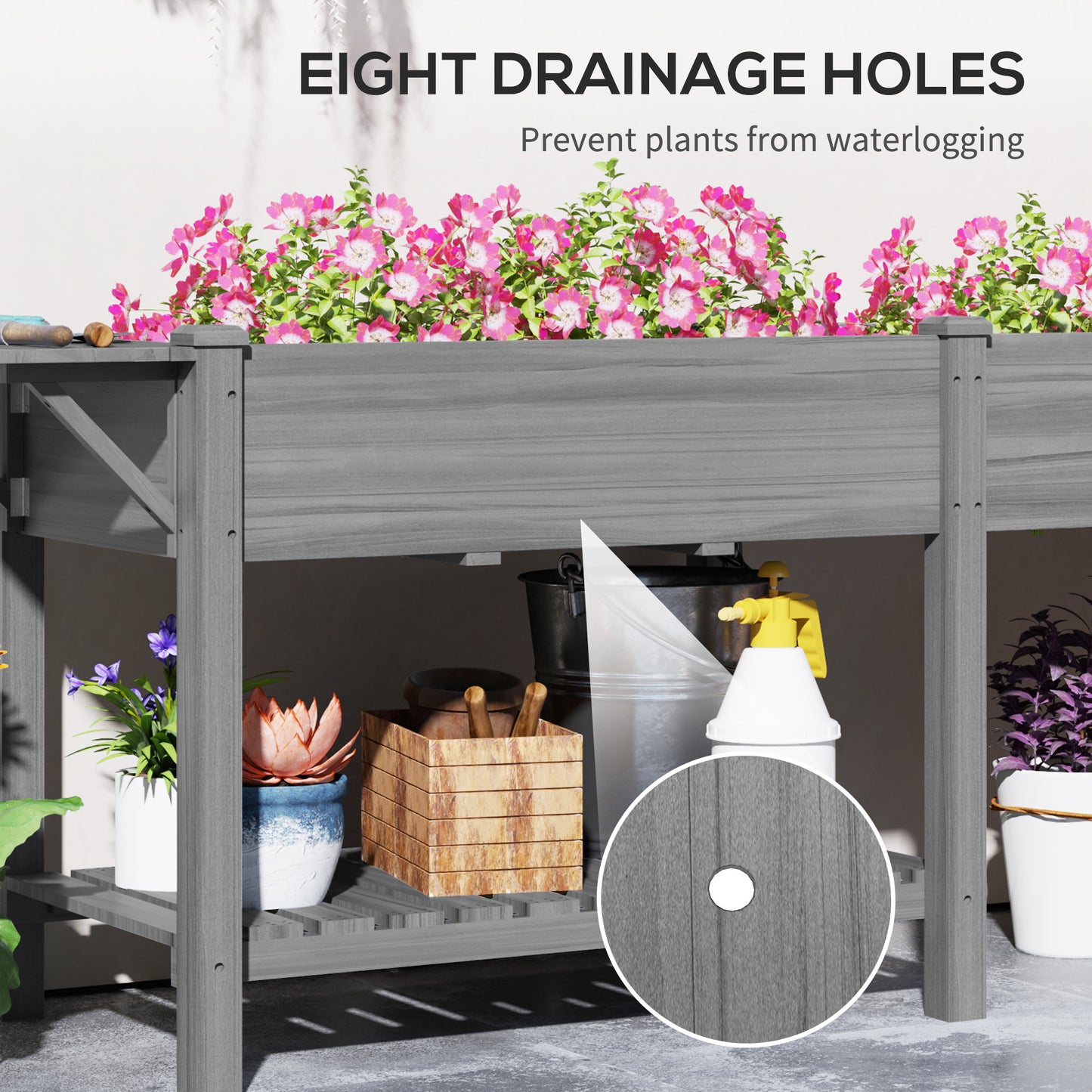 Wood Raised Garden Bed with Side Table and Bottom Shelf - Gray, 990x570x230 mm
