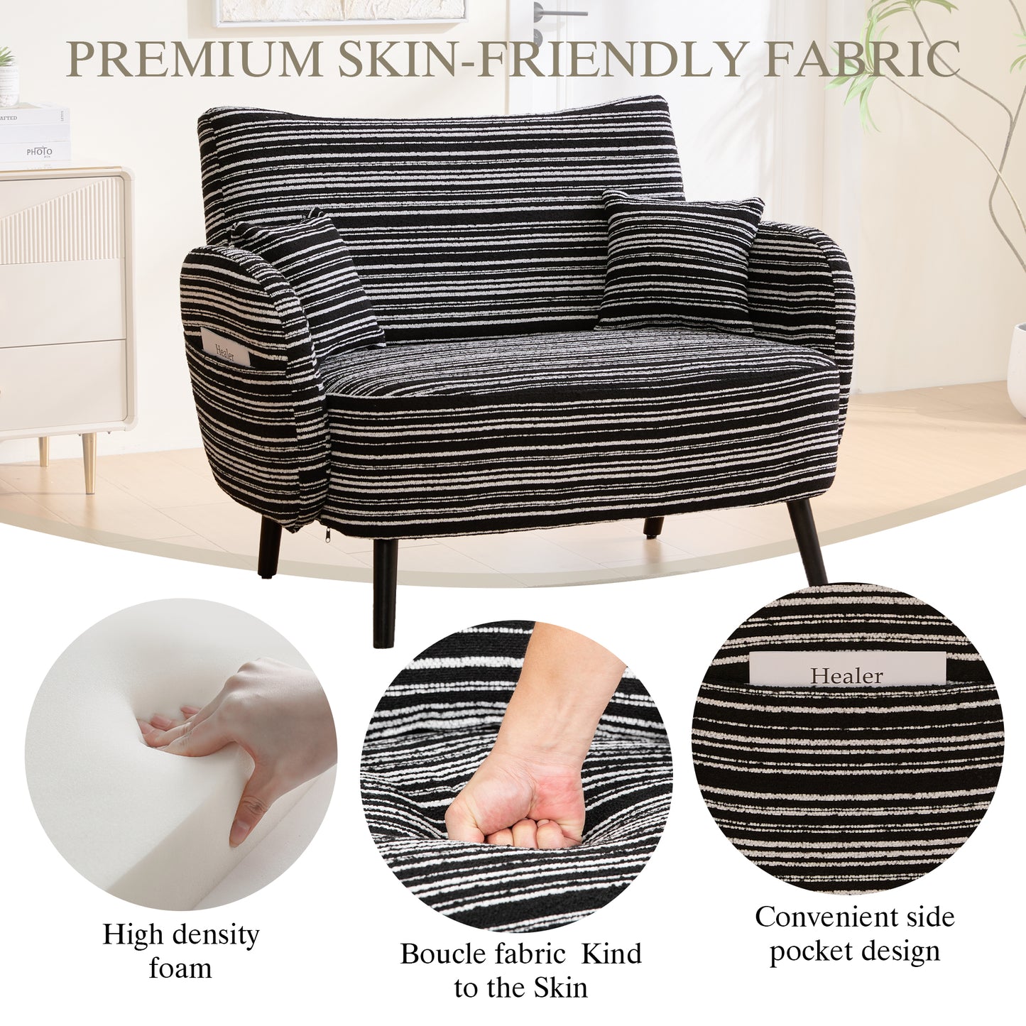 Modern Two-Seater Sofa with Storage Pockets - Black