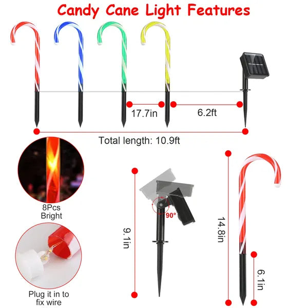 Solar Candy Cane Light - IP55 Waterproof, 8 Lighting Modes