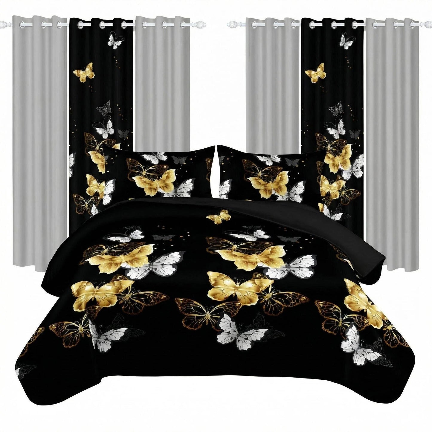 9-Piece Black & Gold Butterfly Quilt and Curtain Set