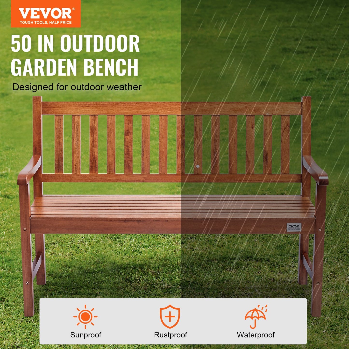 Wood Garden Bench 50 Inch Outdoor Patio Bench with Backrest & Armrests - Natural Finish