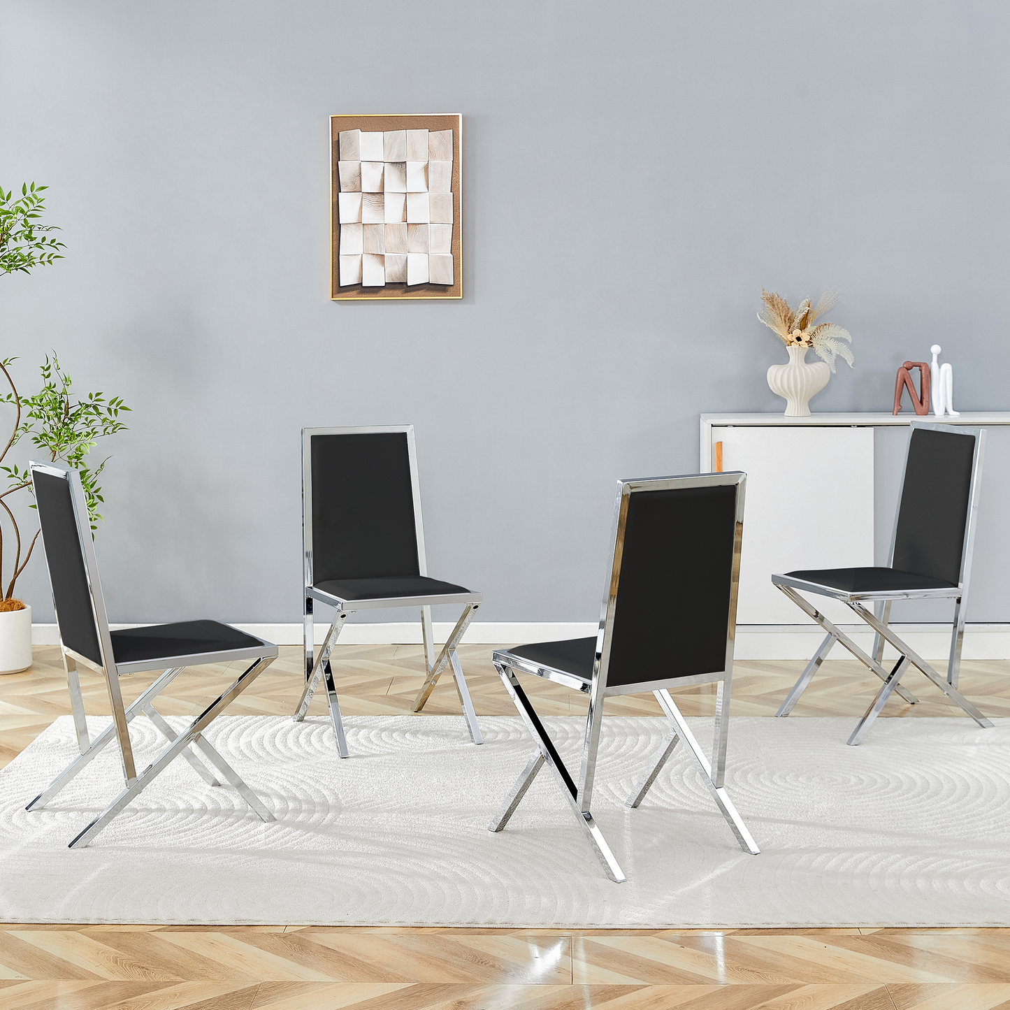4-pack Silver Metal Framed Black PU Dining Chairs Ergonomic Design, A