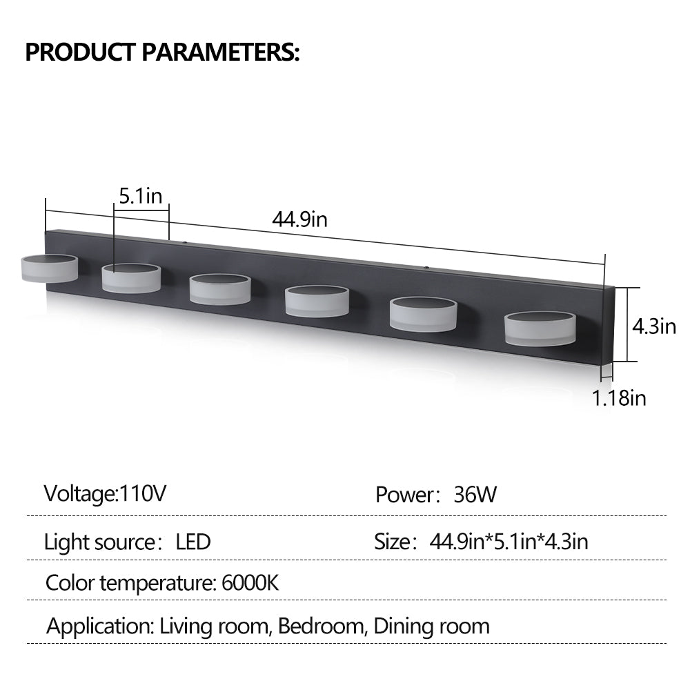 36W Dimmable 6-Light LED Vanity Light Fixture - Black