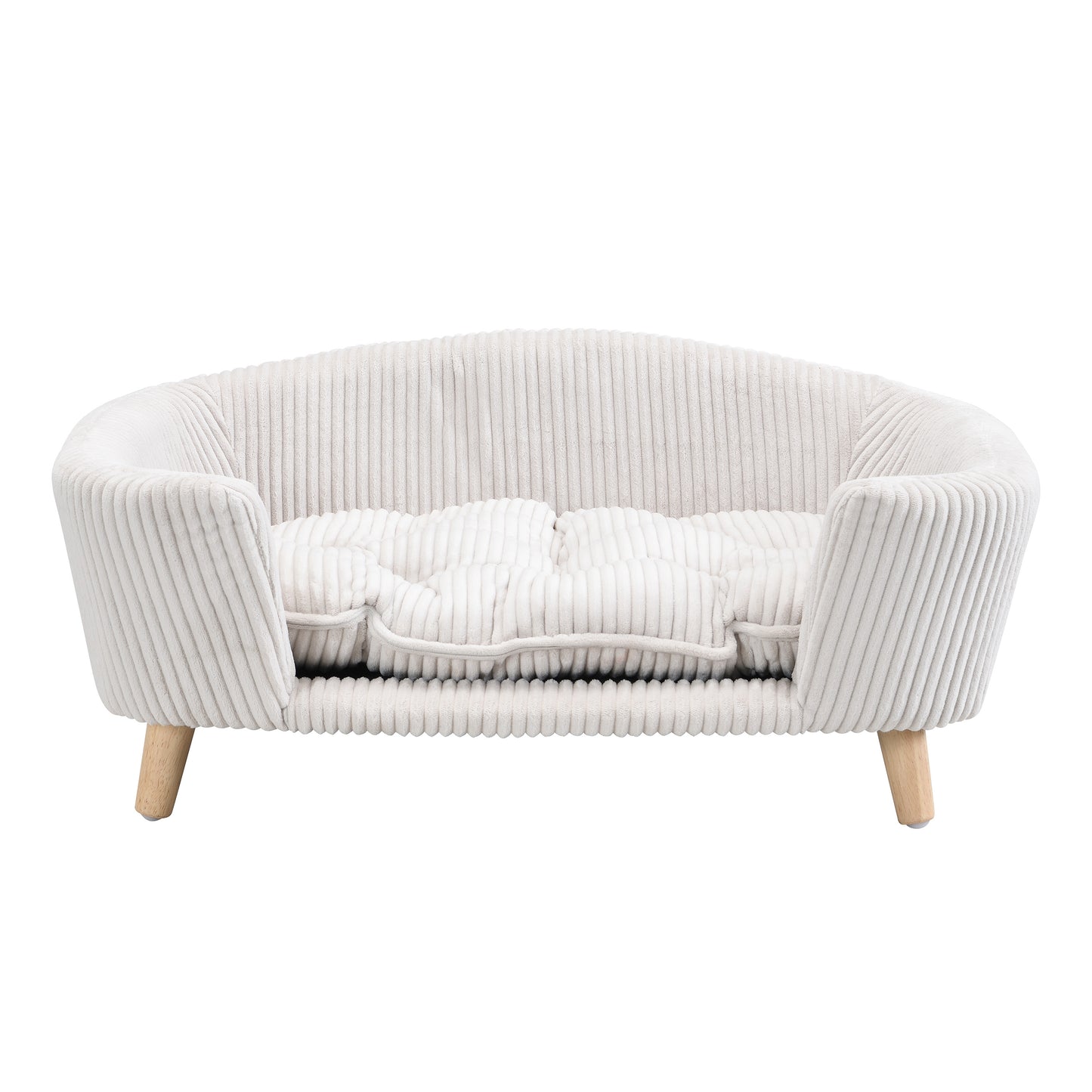 Small Dog Elevated Bed Frame with Corduroy Cushion & Rubber Wood Legs - Beige