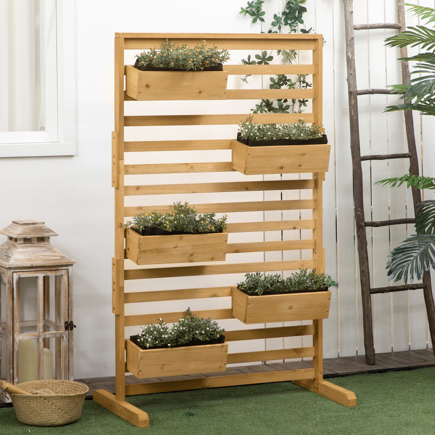 Wooden Plant Trellis Stand with 5 Hanging Planter Boxes - Outdoor Garden Support