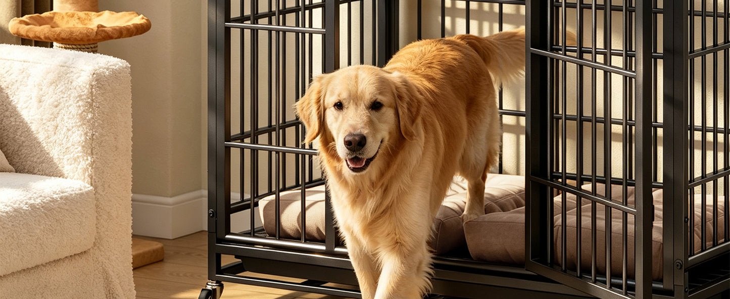 Heavy Duty Dog Crate with Lockable Wheels - Indoor Outdoor Metal Kennel, Perforated Top