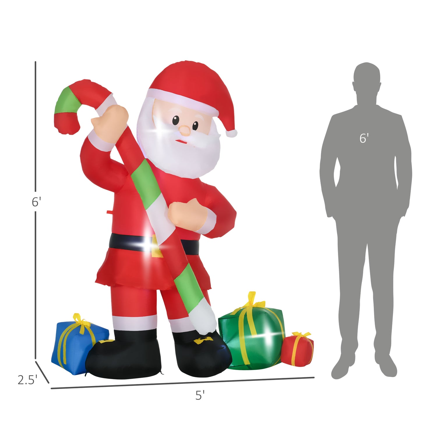 6ft Inflatable Santa Claus with Candy Cane - Christmas Yard Decor