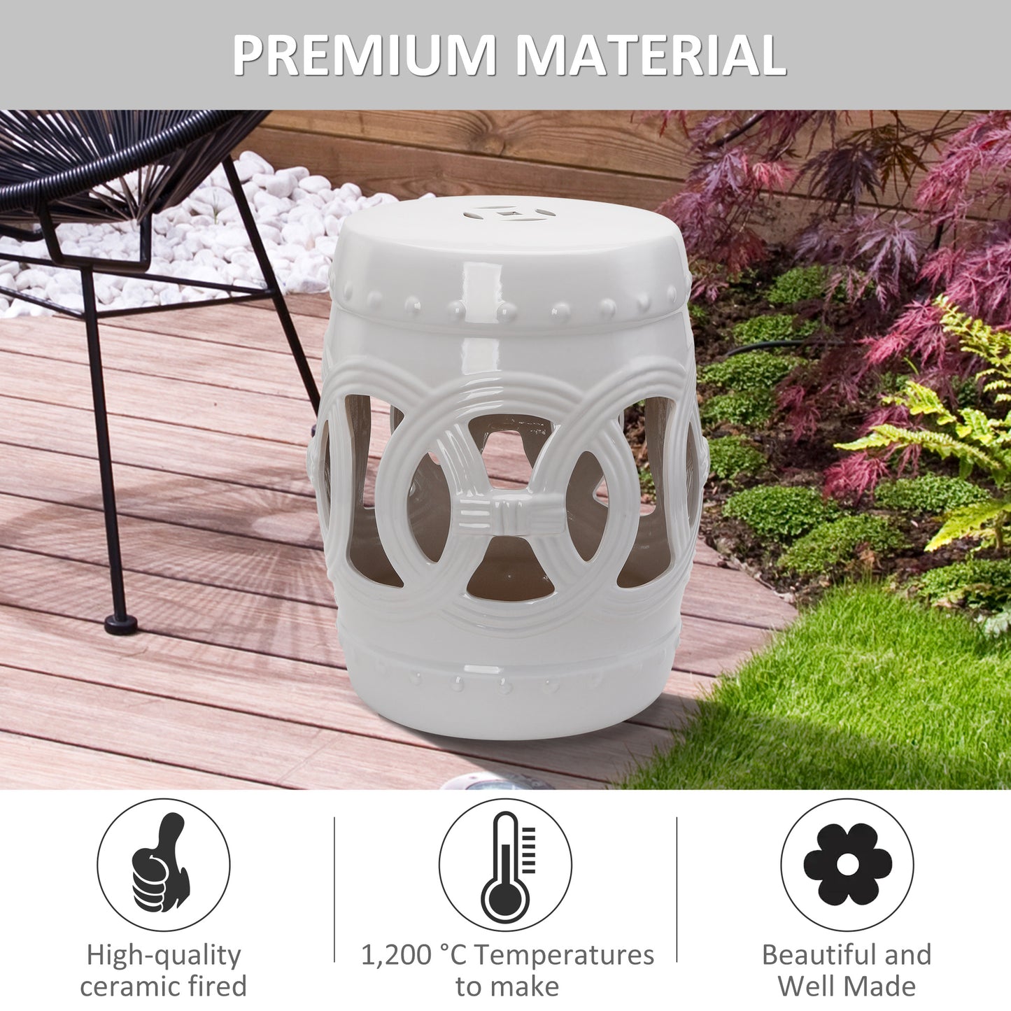 Ceramic Garden Stool - Boho Chic Design, White, 14" x 17"