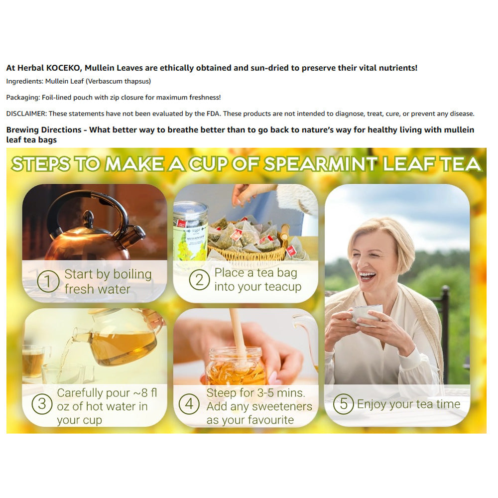 Natural Mullein Leaf Herbal Tea Blend - 30 Individual Tea Bags