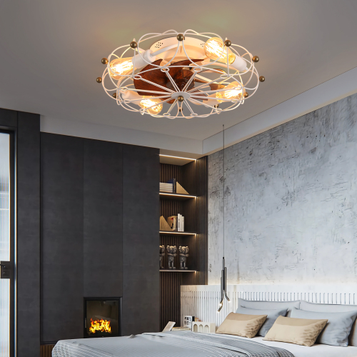 Low Profile Cage Ceiling Fan with Light and Remote, Modern Industrial Design - White