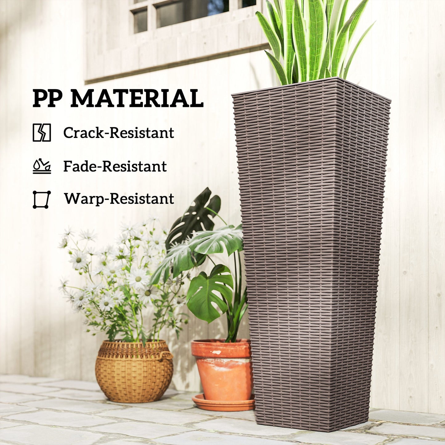 Set of 2 Outdoor Tall Plant Pots - Brown Plastic Garden Planters with Drainage