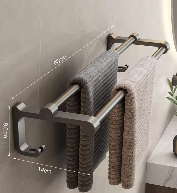 Foldable Bathroom Towel Rack with Hooks - Space Aluminum, No Drilling