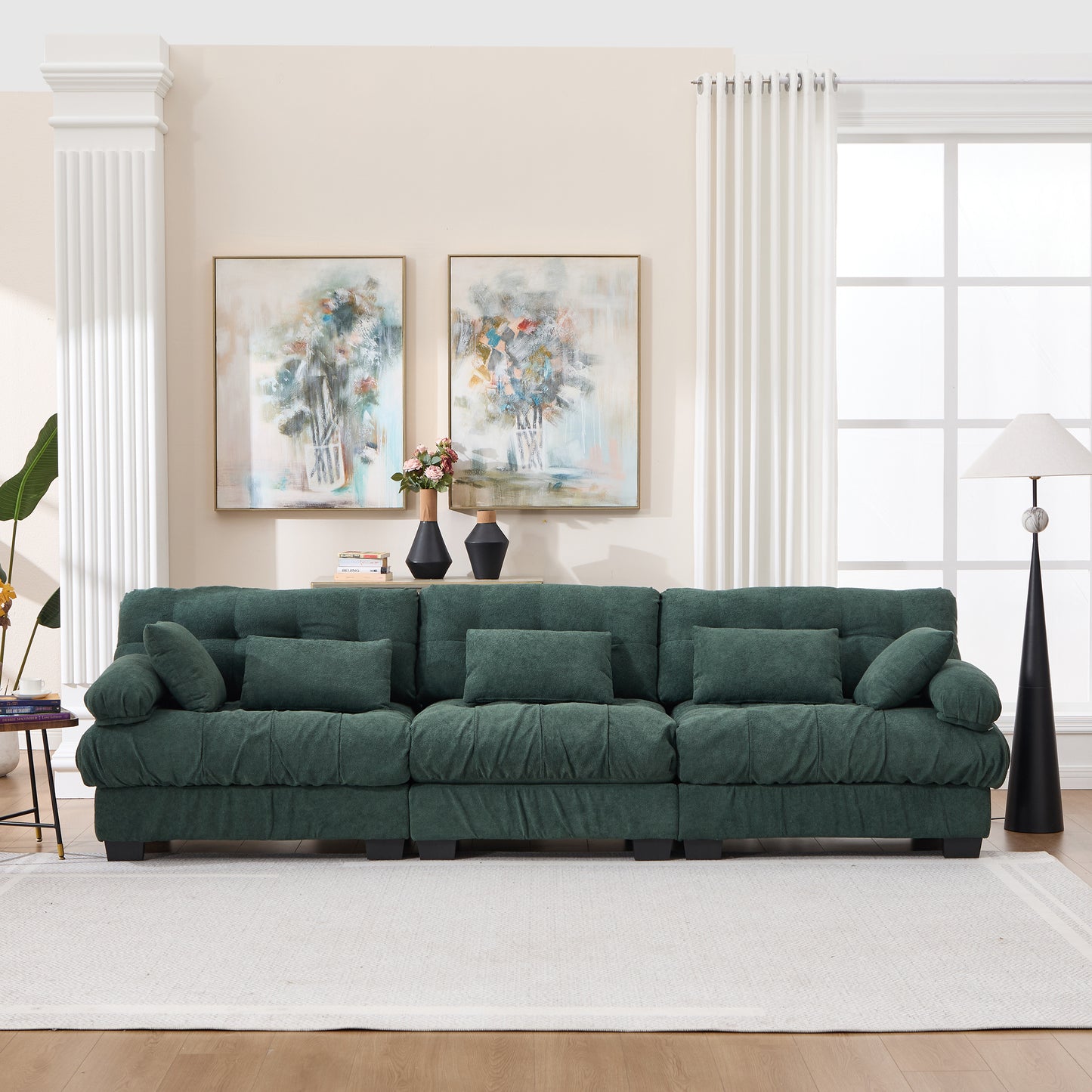 Modular Sectional Sofa - 3-Seater Cloud Couch with 5 Pillows - Green