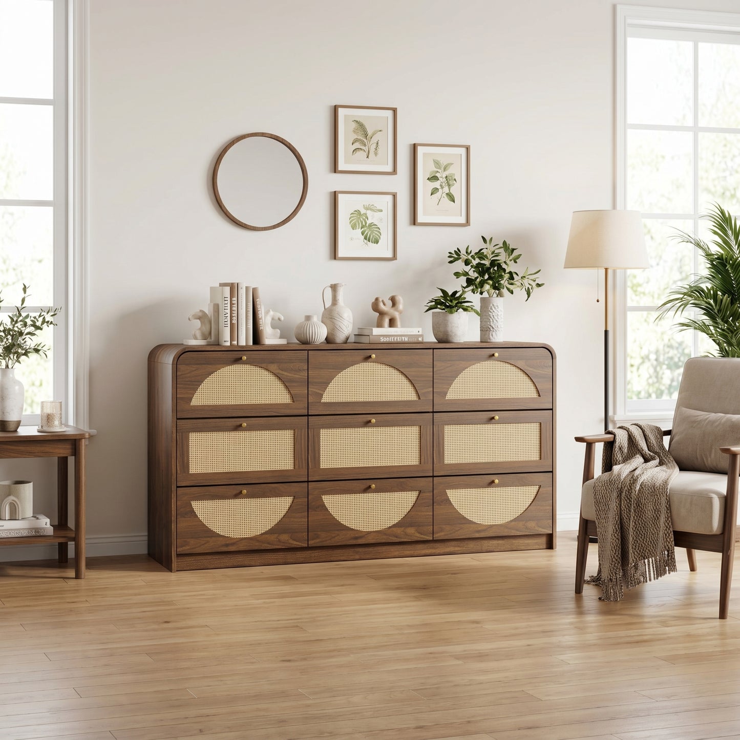 Modern 9-Drawer Dresser with Rattan Front - Walnut Finish