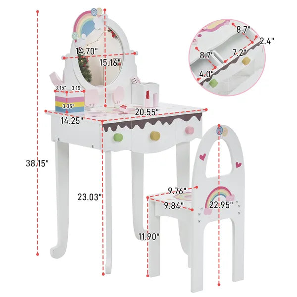 Kids Vanity Table and Chair Set with 7 Pretend Makeup Toys