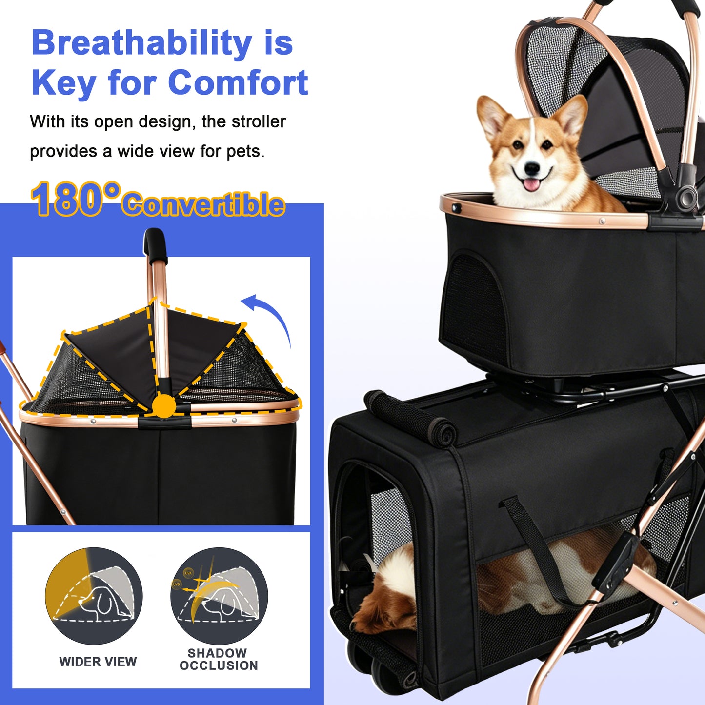 Double Pet Stroller 3-in-1 Foldable Carrier for Small & Medium Dogs Cats - Shockproof Wheels & Safety Leashes