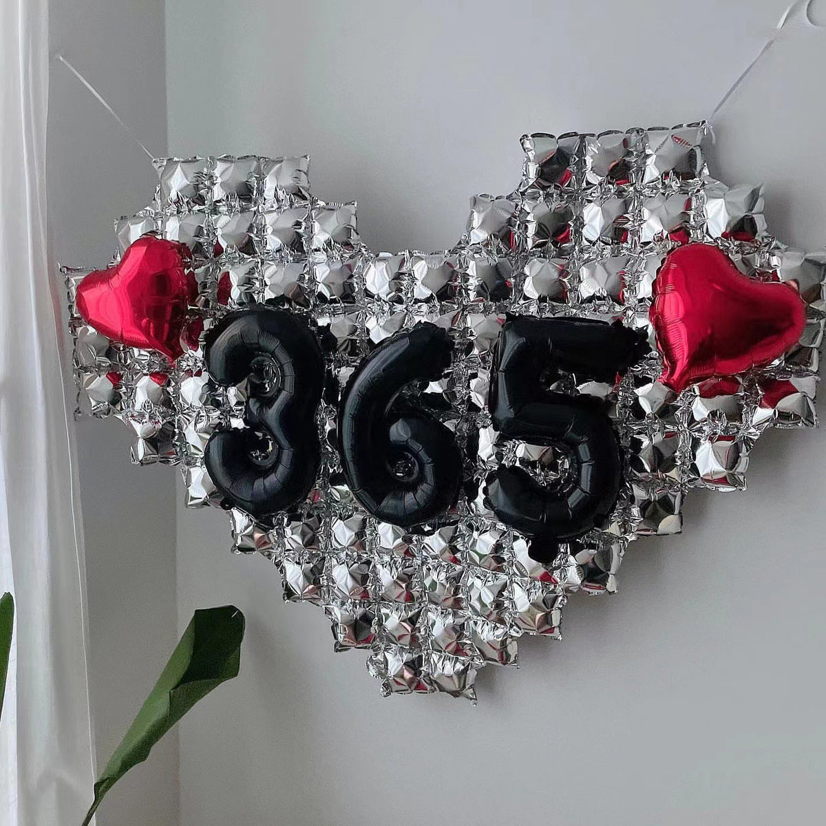 Large Birthday Party Wall Background Balloon - Red & Silver Heart Shapes