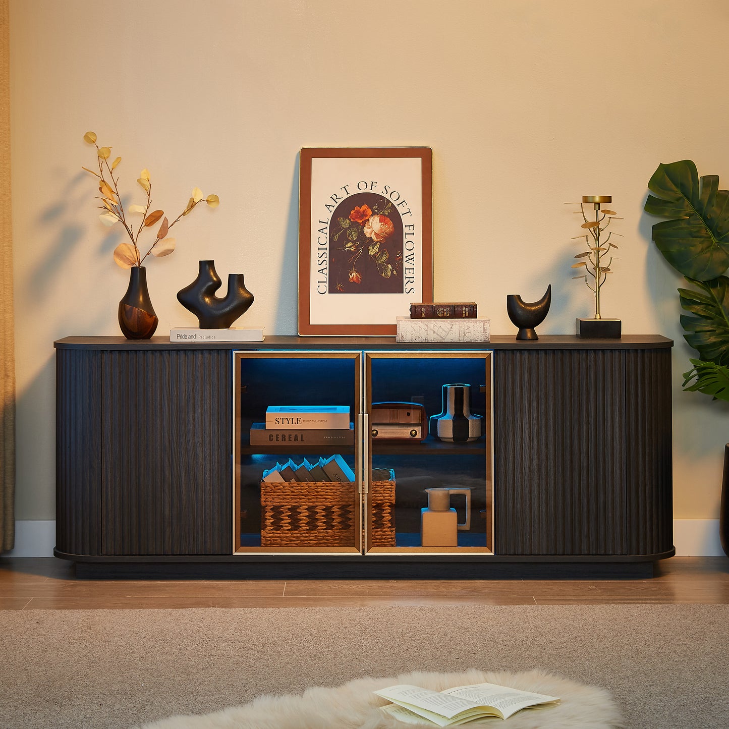 64-Inch Wavy TV Cabinet with Tempered Glass Doors - Black