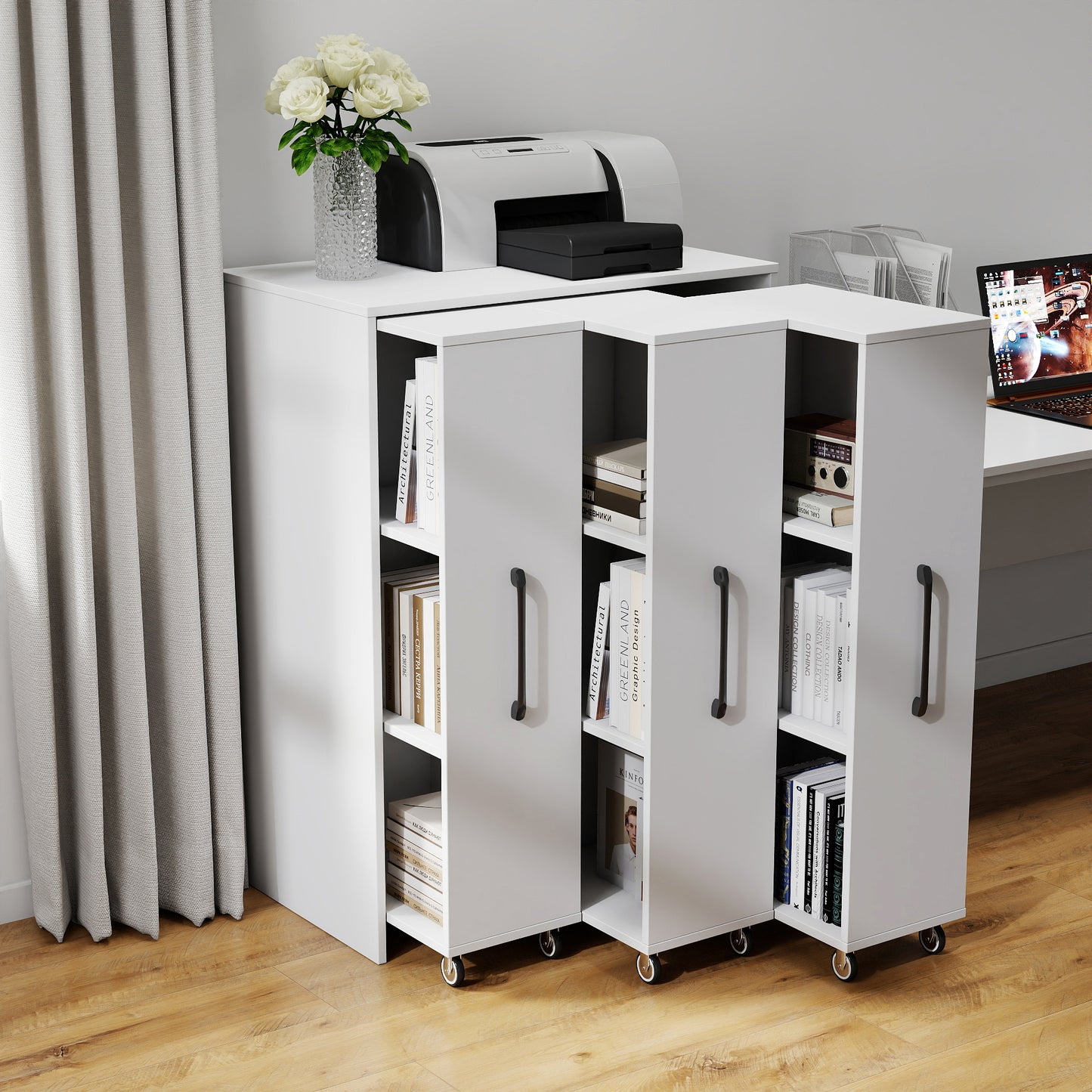 3-Tier Bookcase with Sliding Doors and Wheels - White