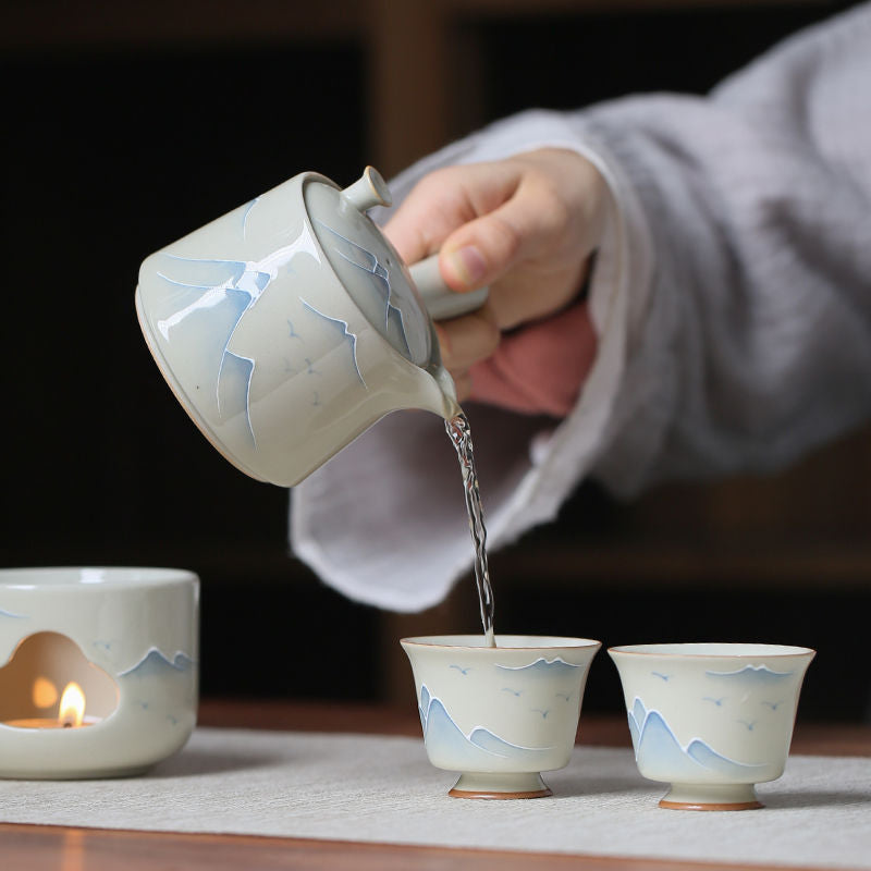 Hand-Painted Ceramic Tea Stove with Side Handle and Landscape Design
