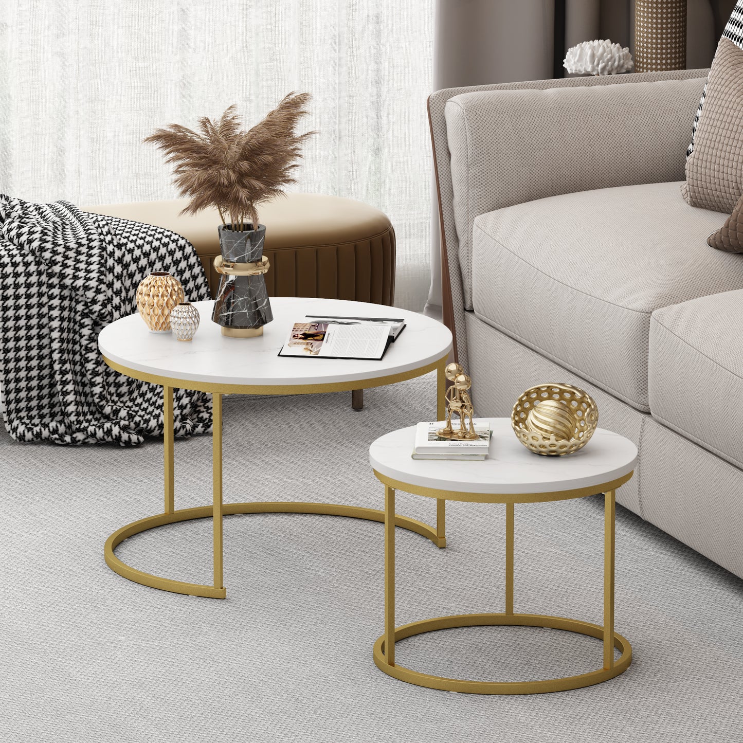 Nesting Coffee Table Set of 2 - Round Wood Marble Pattern - White+Gold