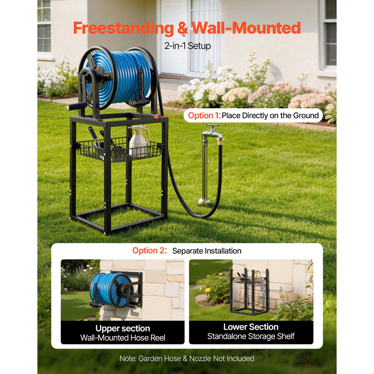 Freestanding Garden Hose Reel 125ft with Brass Fitting & Wall or Ground Mount