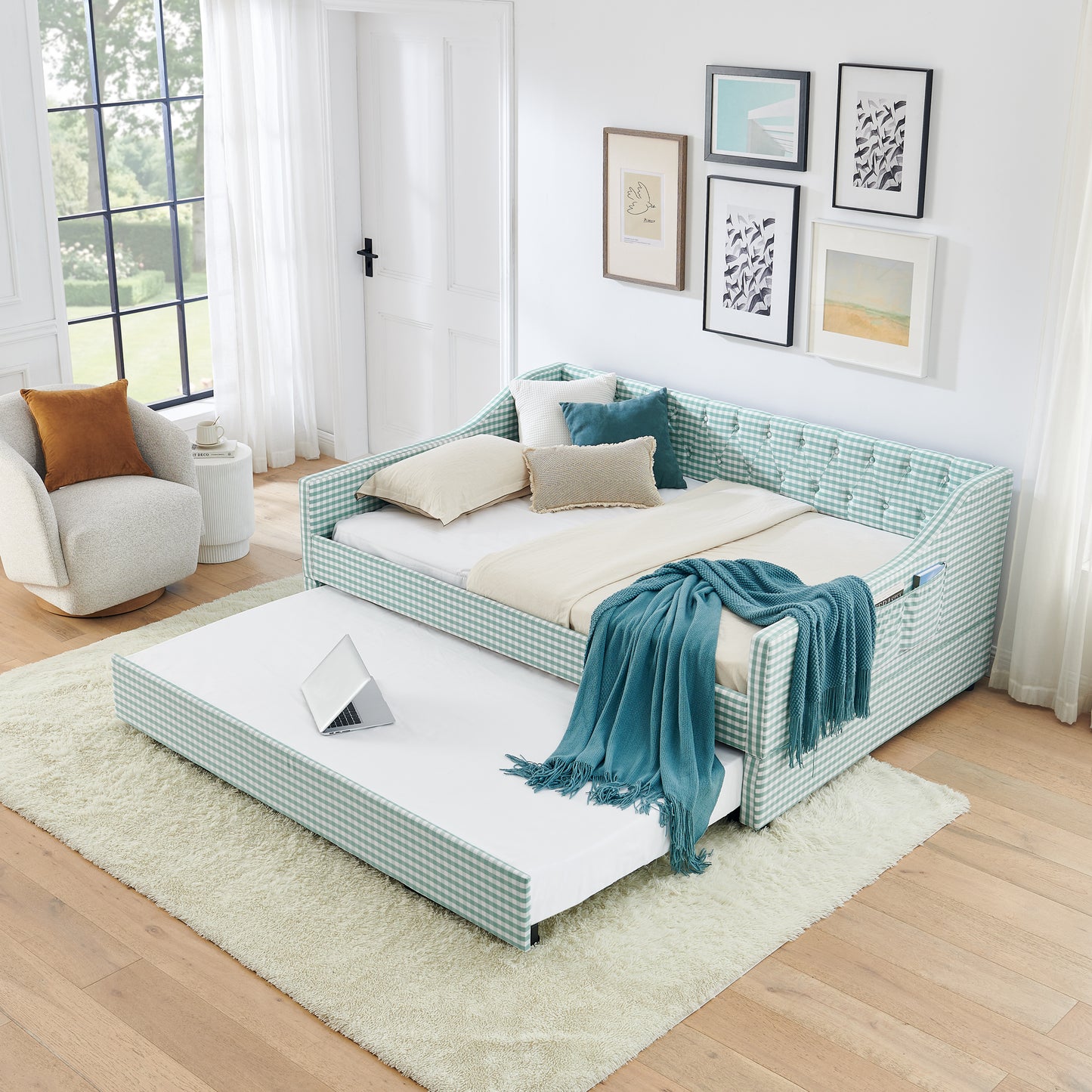 Full-Size Upholstered Daybed with Pull-Out Trundle & Storage - Cyan