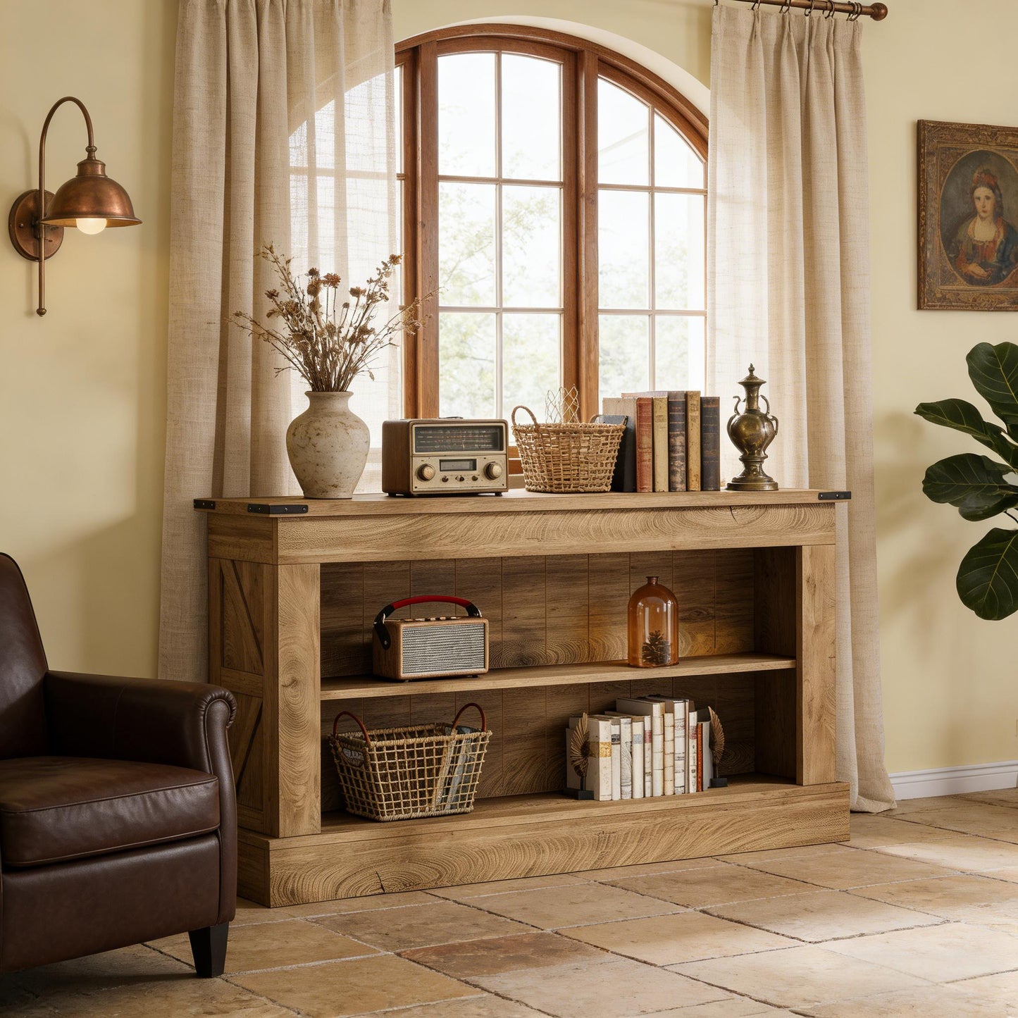 Farmhouse Console Table with Dual-Layer Storage - Brown
