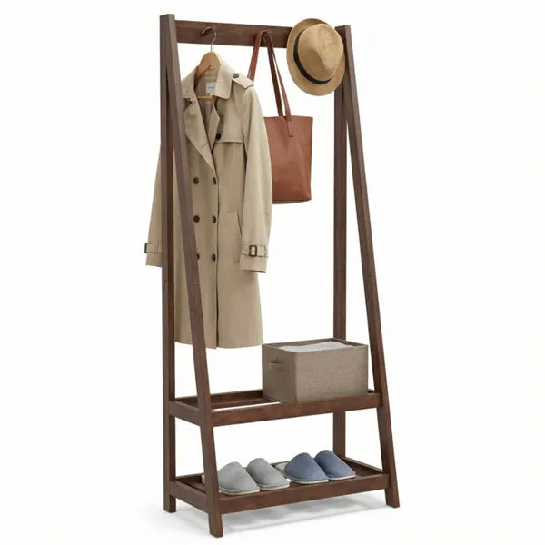 Solid Rubber Wood Freestanding Coat Rack with Shelves & Hooks