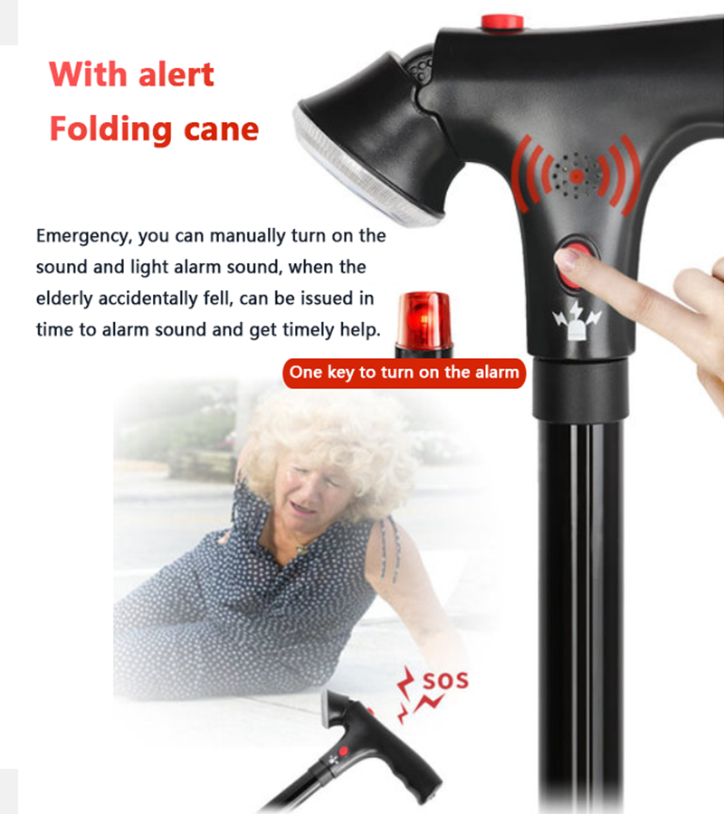 Adjustable Walking Stick Cane with LED Light & SOS Alarm - Black