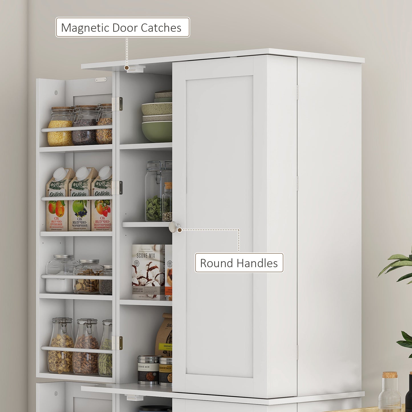 65" Kitchen Pantry Cabinet with 4 Doors and 16 Shelves - White