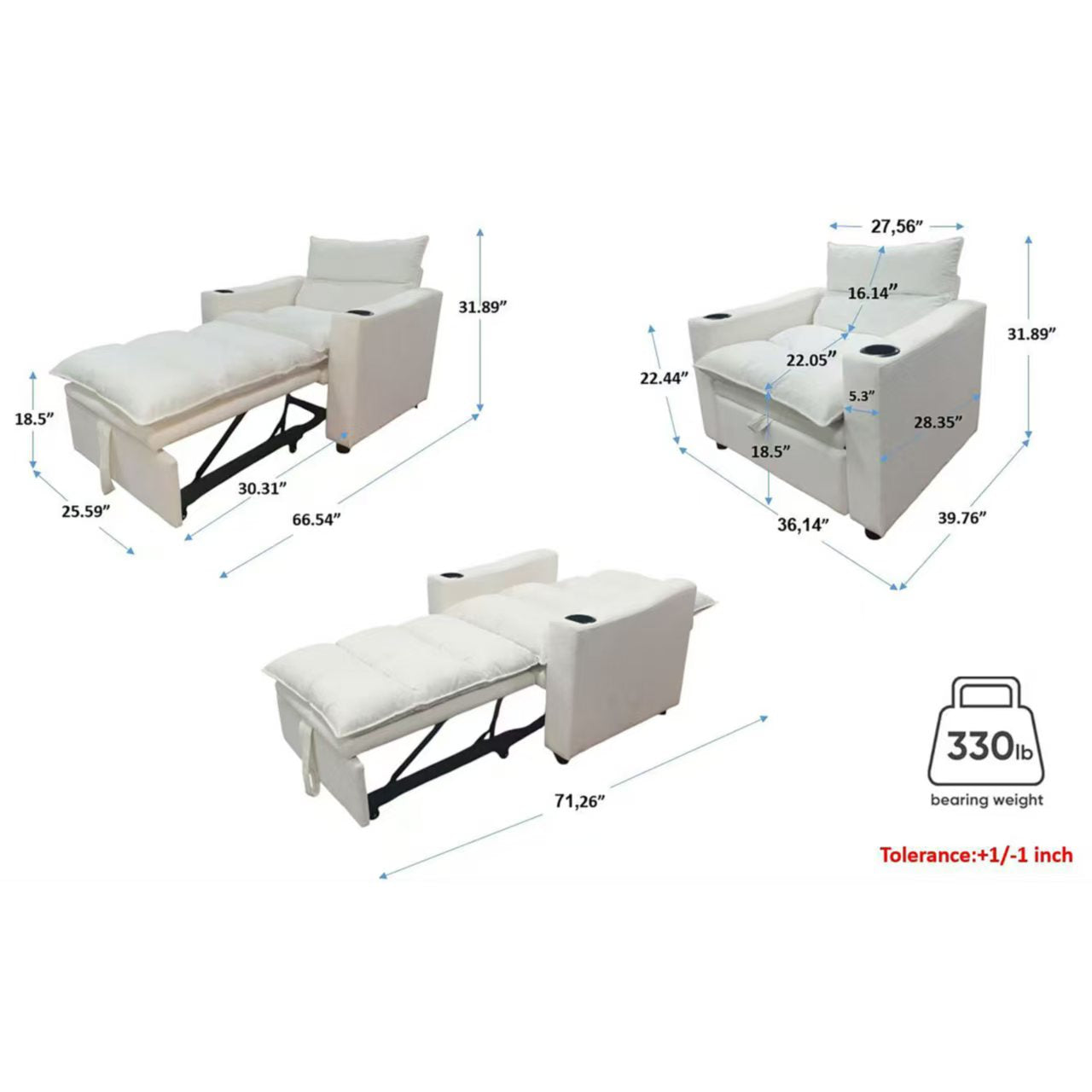 Convertible Sleeper Sofa Chair Bed with Adjustable Backrest - Beige