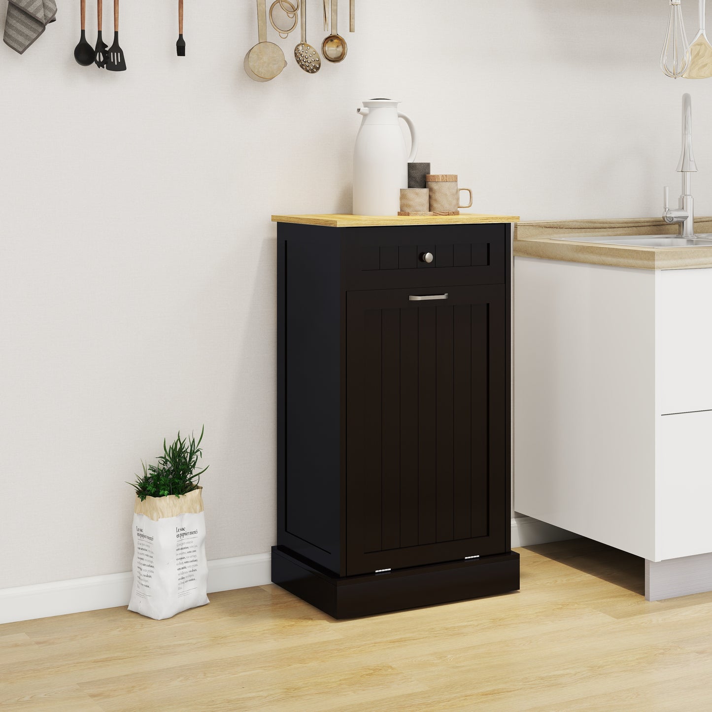 Tilt-Out Trash Cabinet with Drawer - Black MDF Kitchen Storage