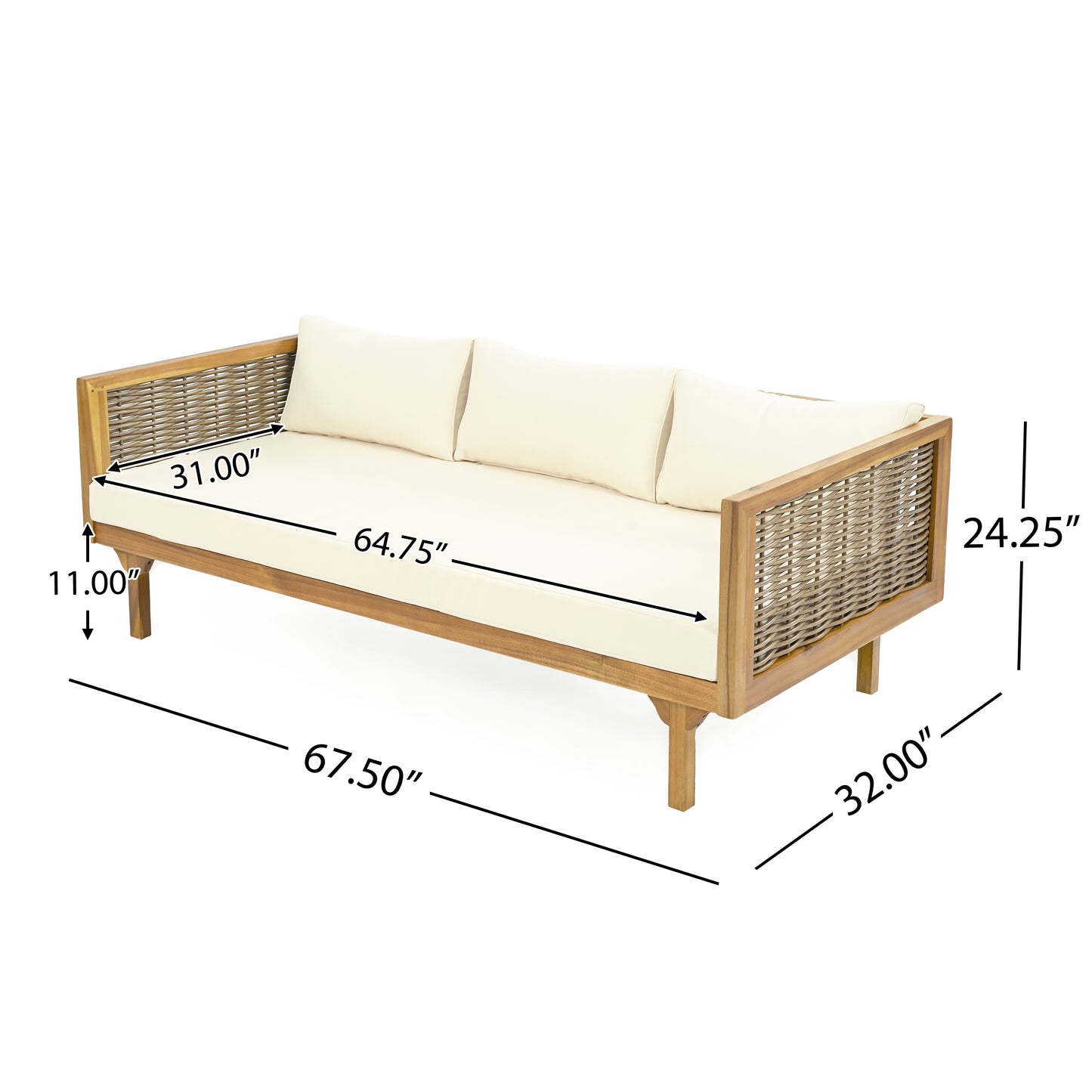 CLAREMONT 3 SEATER DAYBED WITH RATTAN ARMS BEIGE CUSHION