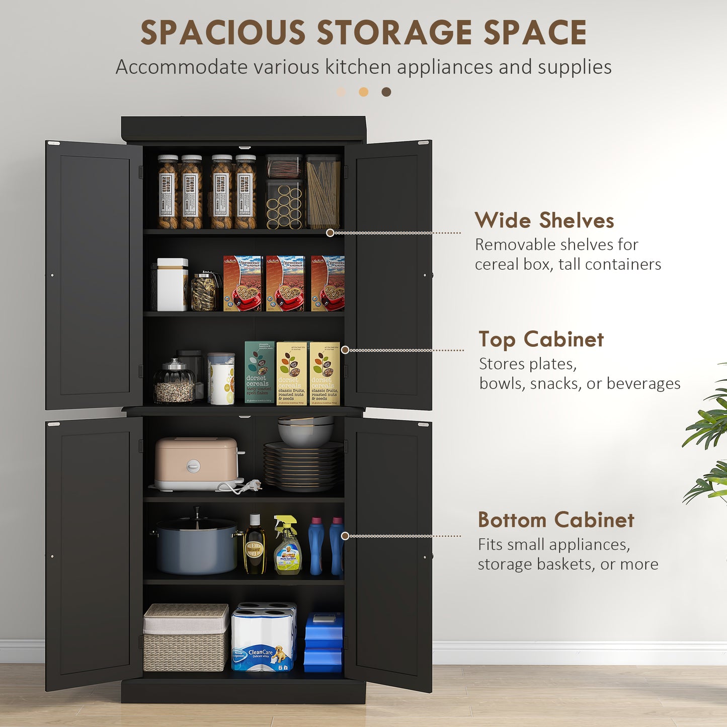 72" Freestanding Kitchen Pantry Storage Cabinet - Black